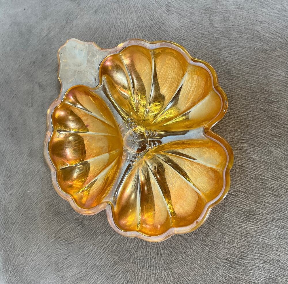 Jeanette 3 Part Clover Shape Candy Dish Doric Iridescent Marigold Glass Vintage